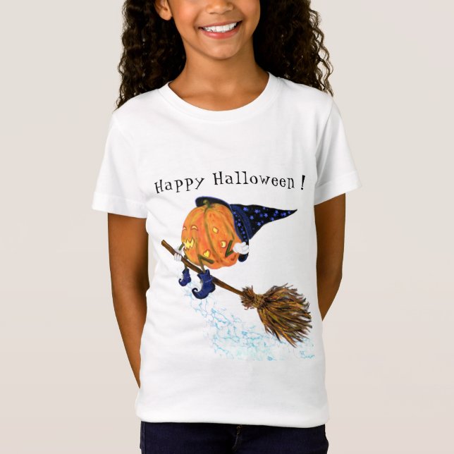 happy halloween Witch Pumpkin Flies Broom - Roligt T Shirt (Framsida)