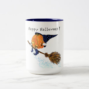 happy halloween Witch Pumpkin Flies Broom - Roligt Två-Tonad Mugg