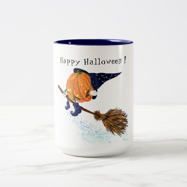 happy halloween Witch Pumpkin Flies Broom - Roligt Två-Tonad Mugg (Center)