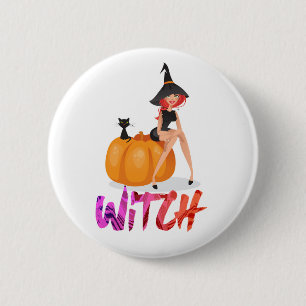 Happy halloween Witch Setting på Pumpkin Knapp