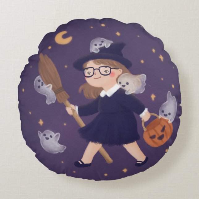 Happy halloween Witch & Spöken Rund Kudde (Framsidan)