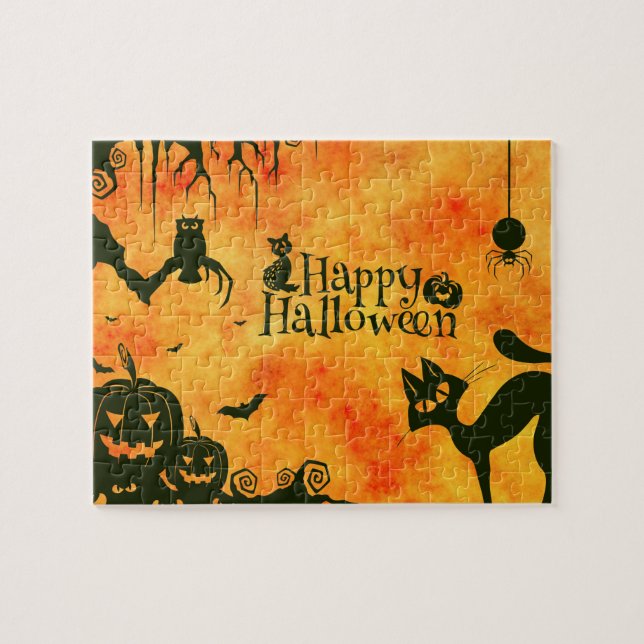 Happy halloween Witches Cats Spiders Uggla Pumpkin Pussel (Horisontell)
