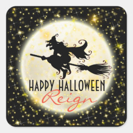 Happy halloween Witch's Ride Måne Glitter Stickers Fyrkantigt Klistermärke
