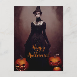 Happy Halloween with a witch in Gothic dress. Vykort