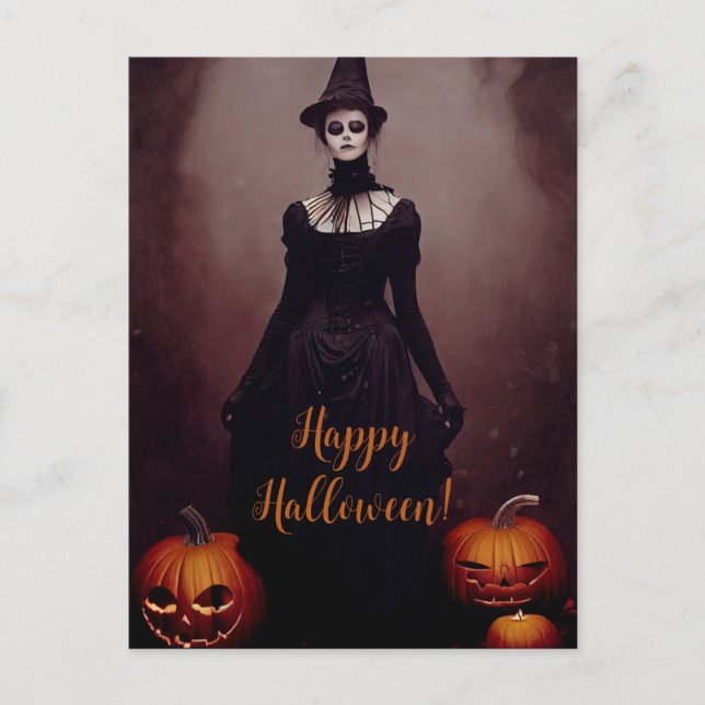 Happy Halloween with a witch in Gothic dress. Vykort (Framsida)