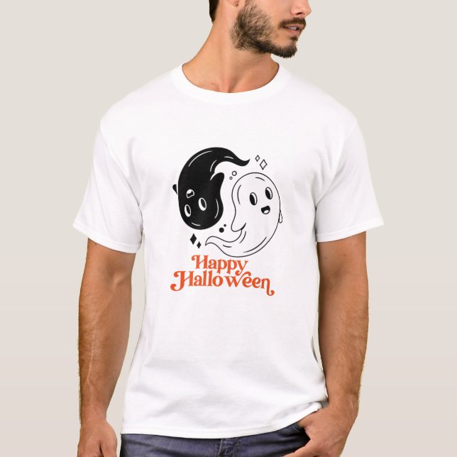 Happy Halloween Yin And Yang Black And White Ghost T Shirt (Framsida)