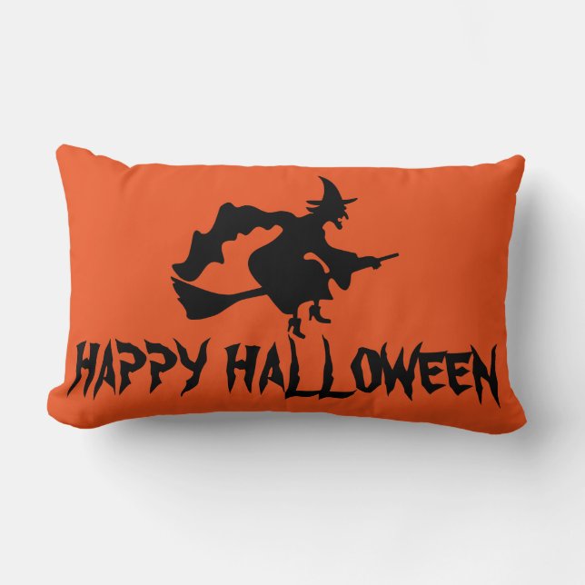 Happy halloweenhäxa med henne orange kast för lumbarkudde (Framsida)