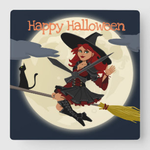 Happy halloweenhäxaväggen tar tid på fyrkantig klocka