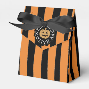 Happy halloweensvarten och den orange partyfavöre presentaskar