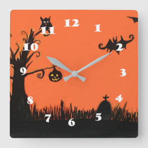 Happy halloweenträdpumpa kvadrerar väggen tar tid fyrkantig klocka