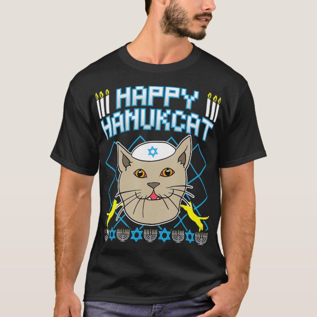 Happy Hanukcat  Jewish Cat Ugly Christmas Sweater  T Shirt (Framsida)