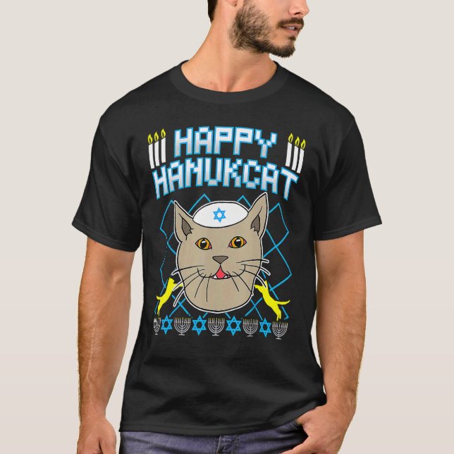 Happy Hanukcat  Jewish Cat Ugly Christmas Sweater T Shirt (Framsida)