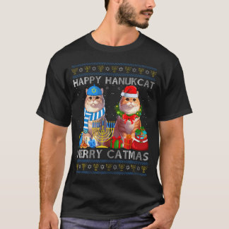 Happy Hanukcat Merry Catmas Ugly Christmas Chanuka T Shirt