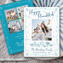Happy Hanukkah 5 Photo Whimsical Hand Drawn Doodle Julkort