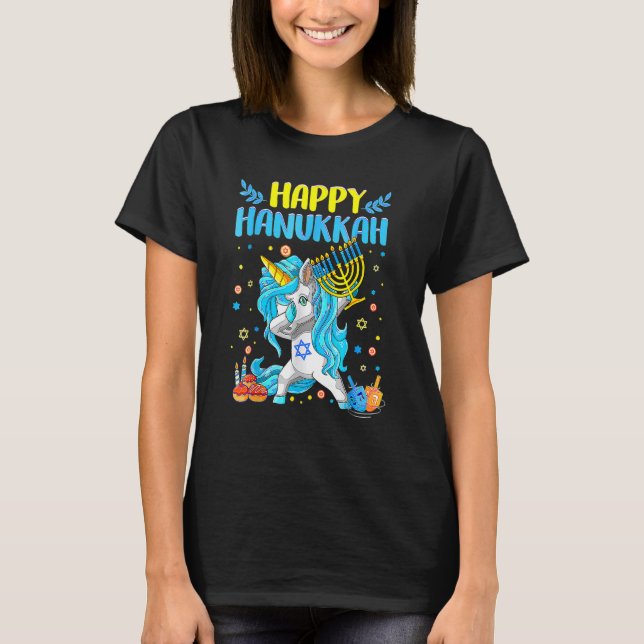 Happy Hanukkah Dabbing Jewish Unicorn Kids Chanuka T Shirt (Framsida)