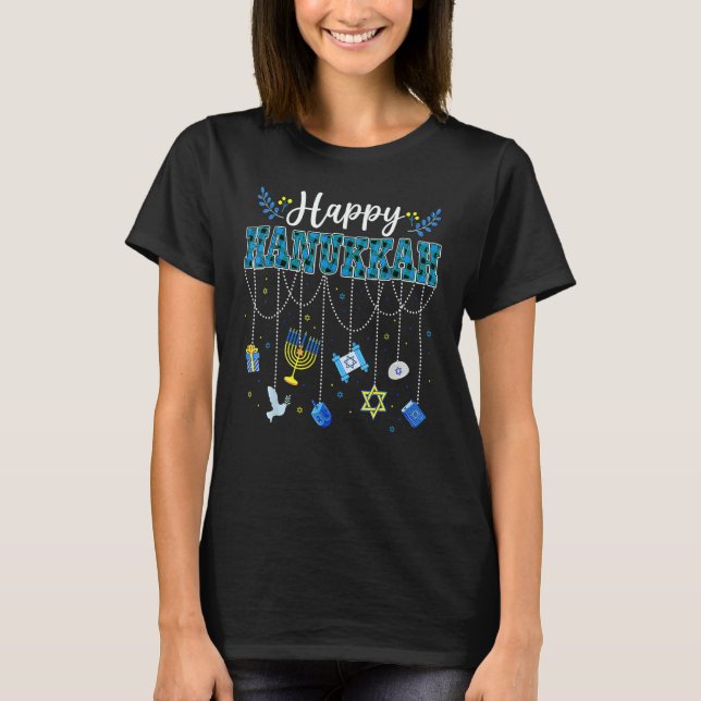 Happy Hanukkah Decorations Dreidel Menorah Chanuka T Shirt (Framsida)