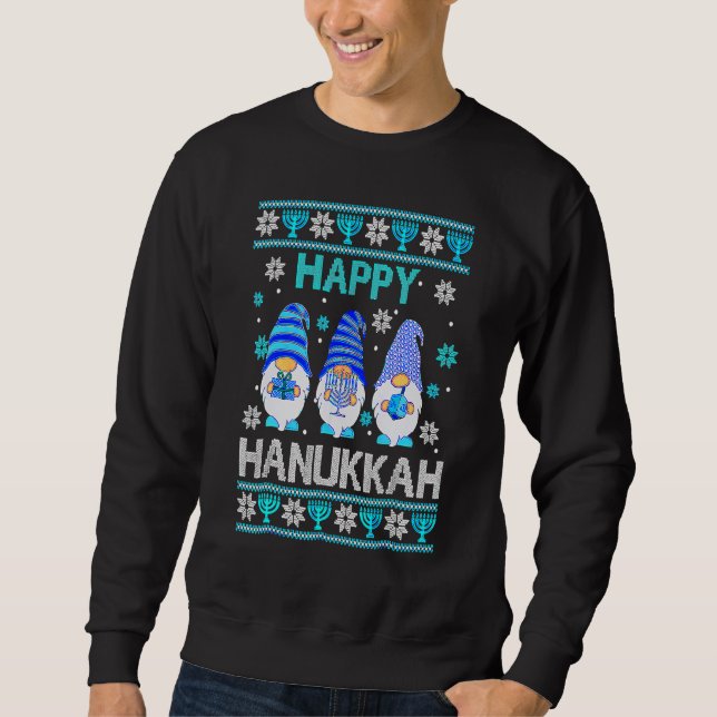Happy Hanukkah Gnome Gnomies Menorah Pajama Ugly Lång Ärmad Tröja (Framsida)