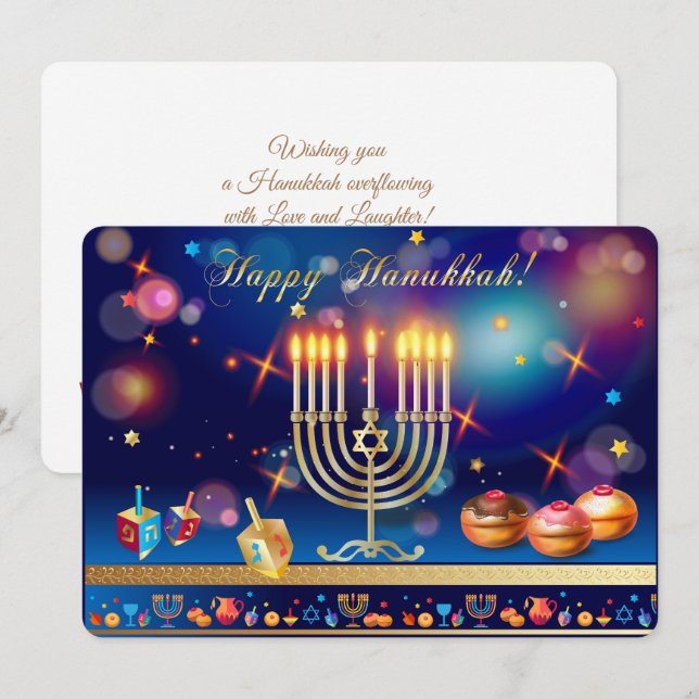 Happy Hanukkah Gold Menorah Jewish Holiday Julkort (Fram/baksida)