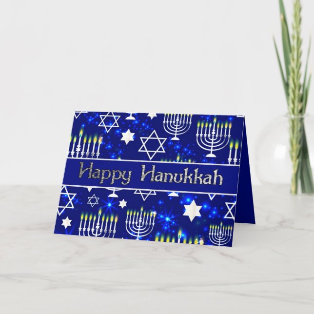 Happy Hanukkah Menorah Blue & Silver Helgkort (Framsida)
