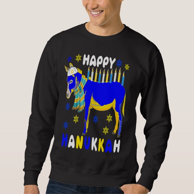 Happy Hanukkah Menorah Donkey Wearing Jewish Hat F Lång Ärmad Tröja (Framsida)