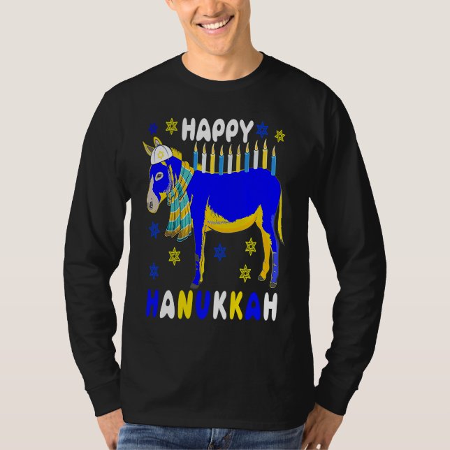 Happy Hanukkah Menorah Donkey Wearing Jewish Hat F T Shirt (Framsida)