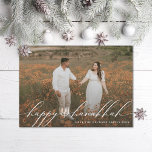 Happy Hanukkah Menorah Hanukkiah Photo Julkort<br><div class="desc">Happy Hanukkah in flowy letters with hanukkiah in the center over full bleed photo; also available in real foil</div>