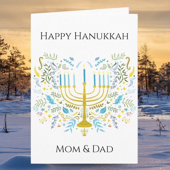 Happy Hanukkah Menorah with Flowers Mom & Dad Kort (Skapare uppladdad)