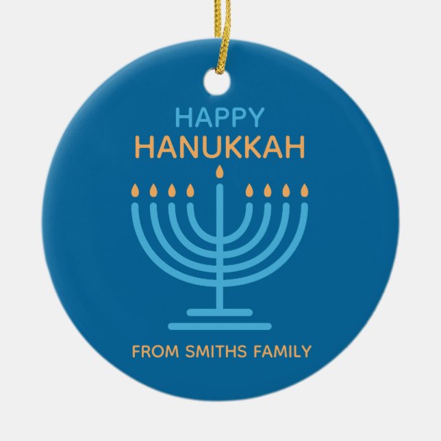 Happy Hanukkah Minimalist Blue Family Photo Julgransprydnad Keramik (Framsidan)