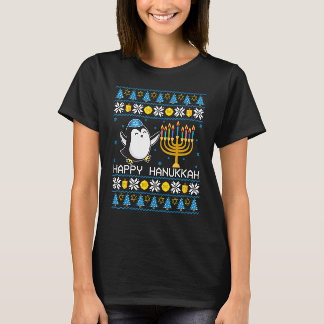 Happy Hanukkah Penguin Ugly Sweater Jewish Chanuka T Shirt (Framsida)