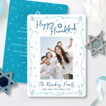 Happy Hanukkah Photo Hand Drawn Cute Custom Note  Julkort<br><div class="desc">“Happy Hanukkah.” It's that time to touch base with your family and friends to celebrate Hanukkah and usher in the festival of lights. Fun, whimsical navy blue handwritten script typography, Star of David and turquoise teal blue hand drawn Hanukkah dreidels and sparkles, along with the photo of your choice, overlay...</div>