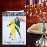 Happy Hanukkah Photo Modern Blue Script Folded Helgkort<br><div class="desc">Modern customizable Jewish full photo vertical Hanukkah card with a winter photograph of your child or family with blue script overlay. Add another favorite Chanukah picture inside and customize your own Happy Hanukkah message of love and light inside.</div>
