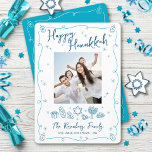 Happy Hanukkah Photo Whimsical Hand Drawn Doodles Julkort<br><div class="desc">“Happy Hanukkah.” It's that time to touch base with your family and friends to celebrate Hanukkah and usher in the festival of lights. Fun, whimsical navy blue handwritten script typography and turquoise teal blue hand drawn Hanukkah icon doodles, along with the photo of your choice, overlay a white background. Additional...</div>