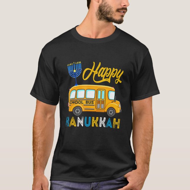 Happy Hanukkah School Bus Carrying Jewish Menorah  T Shirt (Framsida)