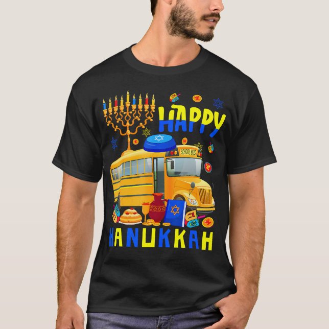 Happy Hanukkah School Bus With Menorah Dreidel Fun T Shirt (Framsida)