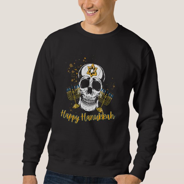 Happy Hanukkah Skull Menorah Hanukkah Cool Skeleto Lång Ärmad Tröja (Framsida)