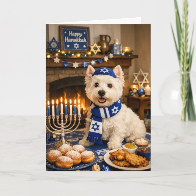 Happy Hanukkah Westie Card – Festive Jewish Dog Kort (Framsida)