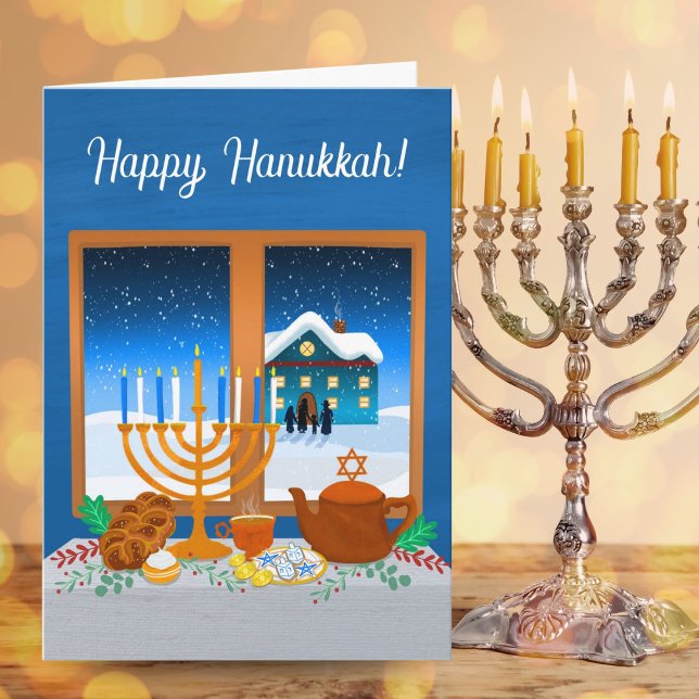 Happy Hanukkah Window Scene Cozy Winter  Kort (Skapare uppladdad)