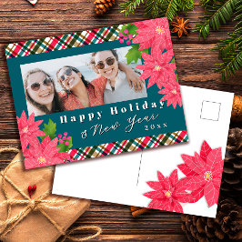 Happy Holiday New Year Poinsettia Photo Teal Helg Vykort