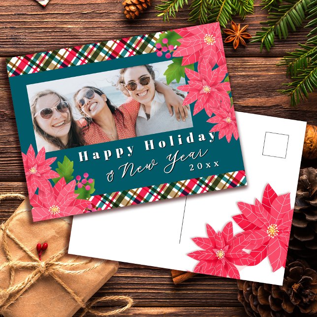 Happy Holiday New Year Poinsettia Photo Teal Helg Vykort (Skapare uppladdad)
