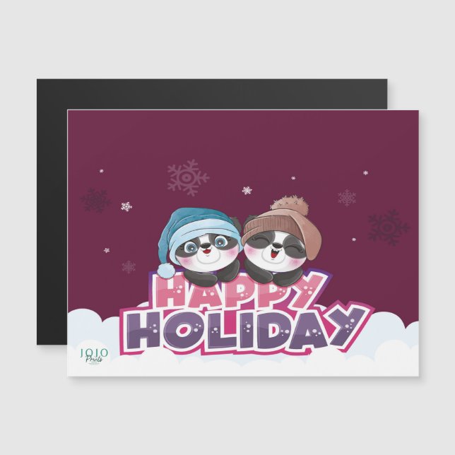 Happy Holiday Panda Magnetisk Inbjudningskort (Fram/baksida)