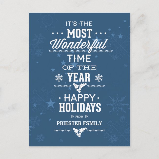 Happy Holidays Blue And White Text Design Helg Vykort (Framsida)