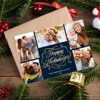 Happy Holidays Blue & Gold 5 Photo Collage Card Julkort