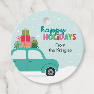 Happy Holidays Car with Gifts in Aqua Blue Custom Gåvor Etiketter