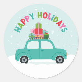 Happy Holidays Car with Gifts in Aqua Blue Runt Klistermärke