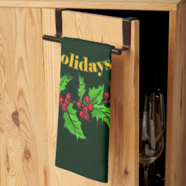Happy Holidays Christmas Holly Wreath Kökshandduk