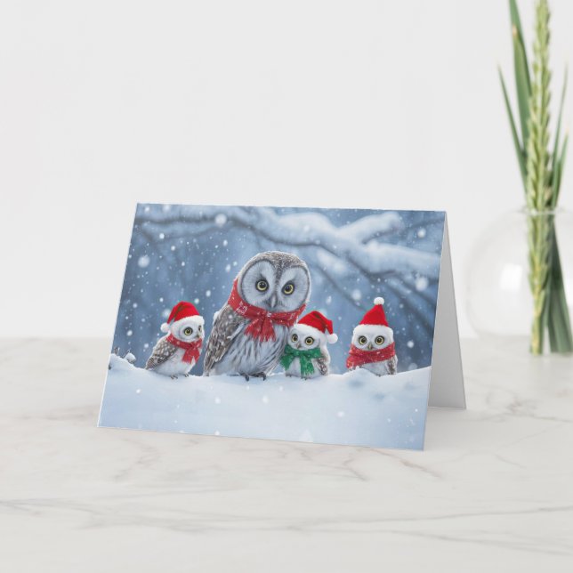Happy Holidays Christmas with Cute Owl Family Hats Kort (Framsida)