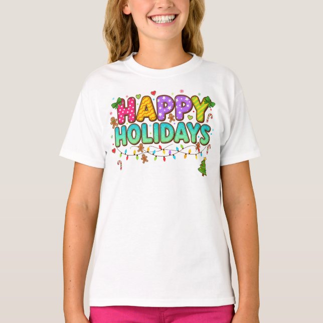 "Happy Holidays Cookie Lights Tee" T Shirt (Framsida)