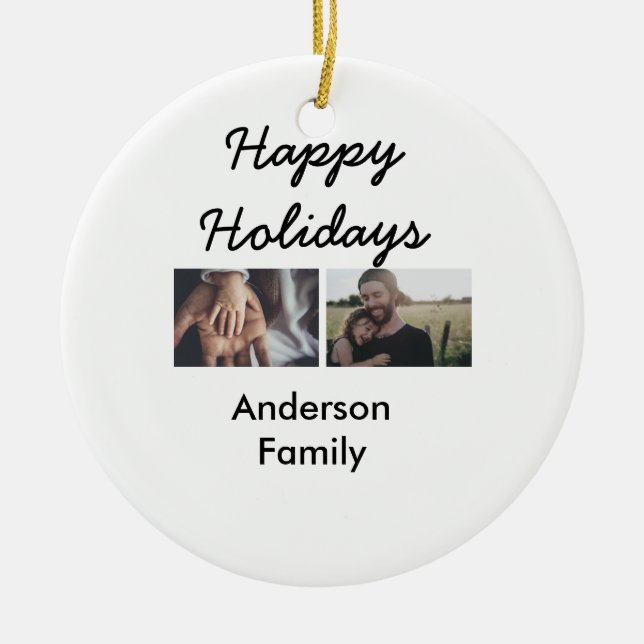 Happy holidays father son Christmas photo family n Julgransprydnad Keramik (Framsidan)