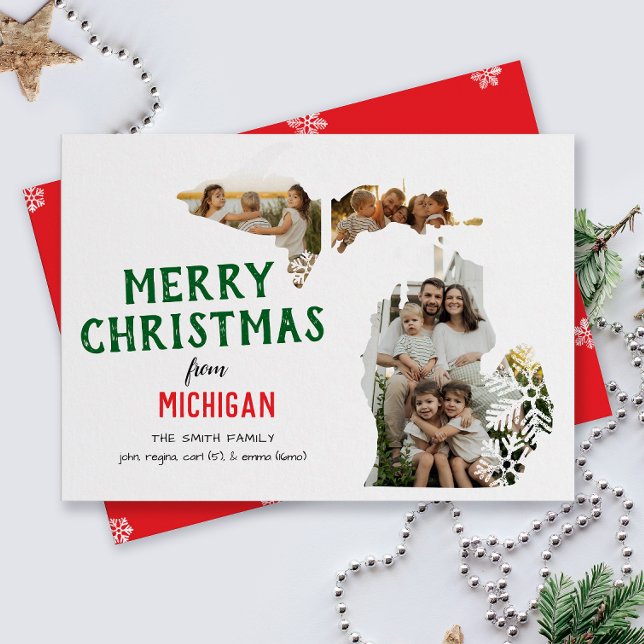Happy Holidays from Michigan Three Photo Julkort (From Michigan state with love three photo Christmas holiday card and moving announcement)