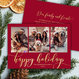 Happy Holidays Gold Script 3 Photo Collage Red  Julkort